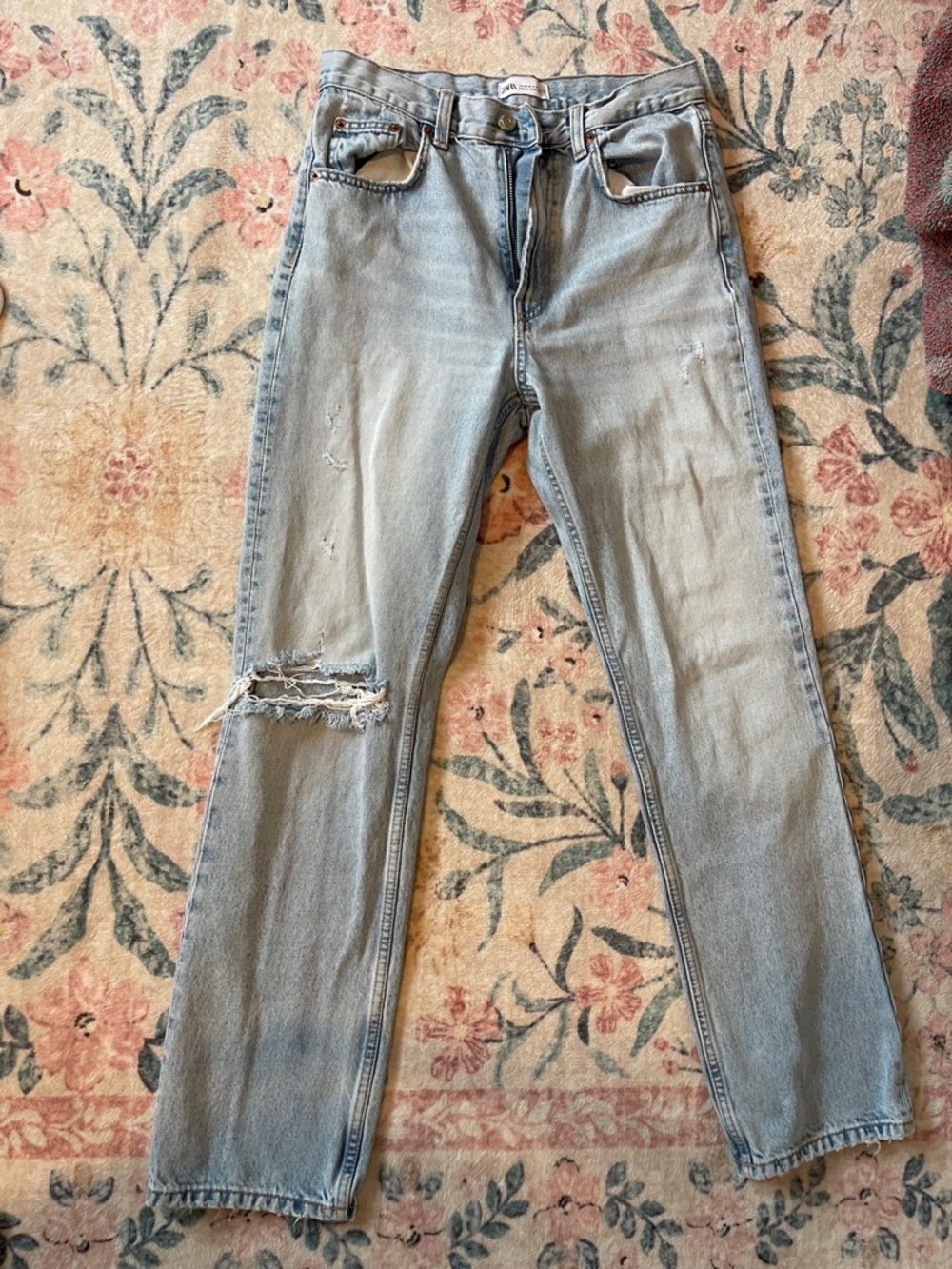Zara Light Blue Distressed Straight Leg Jeans